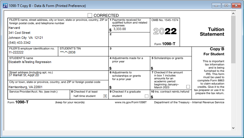 1098-T Copy B Data & Form (Printed Preference)