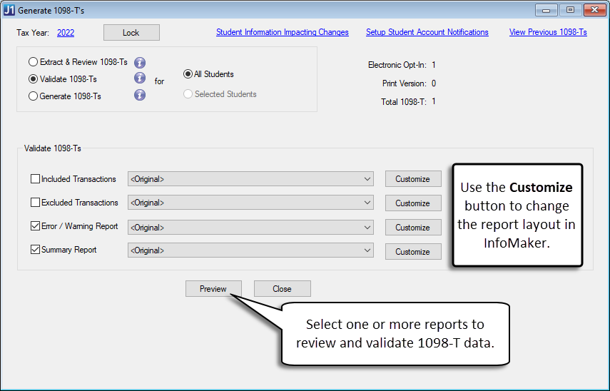 Generate 1098-Ts window.