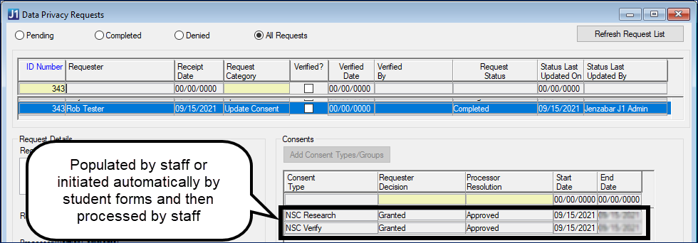NSC Research and NSC Verify privacy requests on the Dta Privacy Requests window