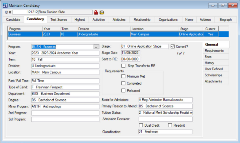 Maintain Candidacy window, Candidacy tab, General Subtab