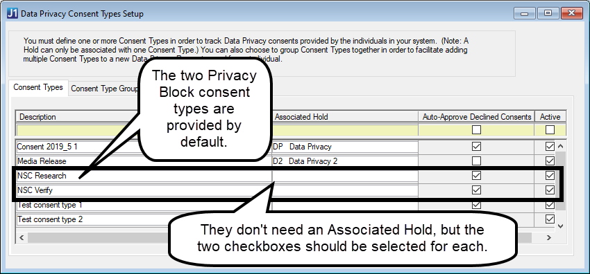 Data Privacy Consent Types Setup window showing the NSC Research and NSC Verify consent types