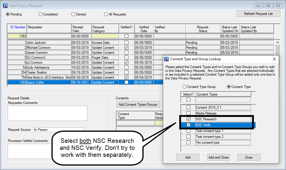 Data Privacy Requests window showing the NSC Research and NSC Verify consent types both selected