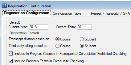 Registration Configuration window, Registration Configuration tab showing checkboxes for including in-progress courses and previous terms in prerequisite, corequisite, and prohibited courses