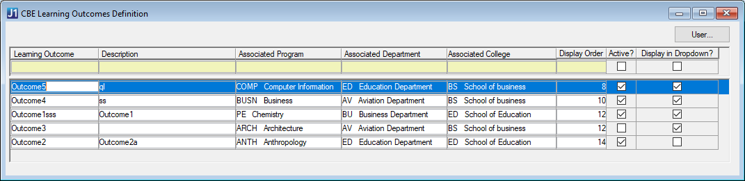 CBE Learning Outcomes Definition window with sample outcomes