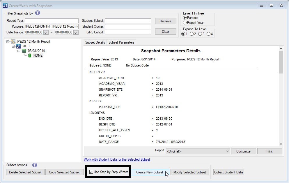 Create/Work with Snapshots window showing the Use Step by Step Wizard checkbox