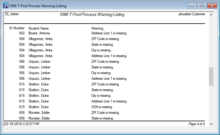 1098-T Error/ Warning Report