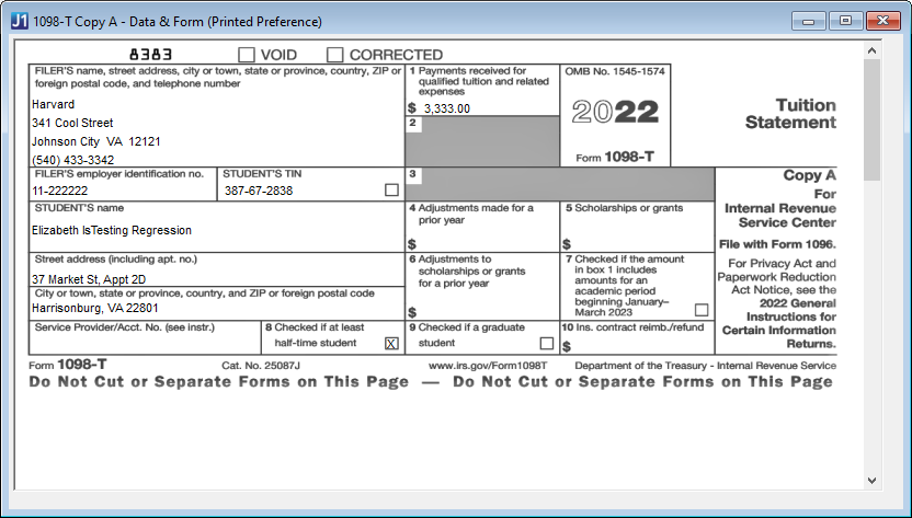 1098-T Copy A - Data & Form (Printed Preference)