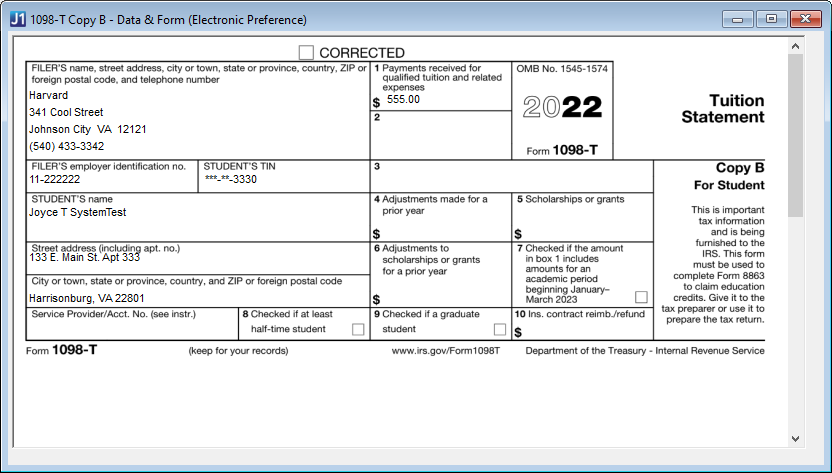 1098-T Copy B - Data & Form (Electronic Preference)