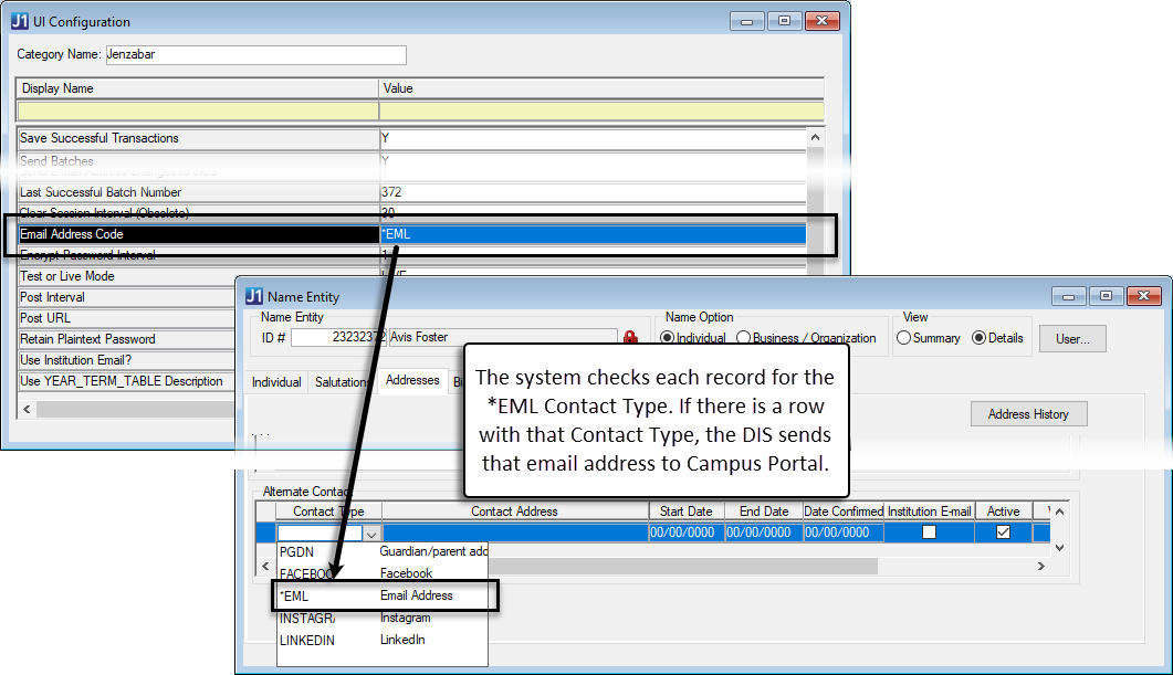Ui Configuration window, Email Address Code row.