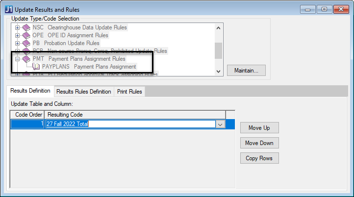 Update Results and Rules window.