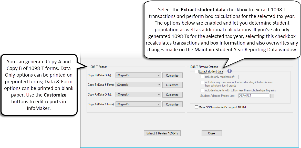 Generate 1098-T's window, report format and extraction.