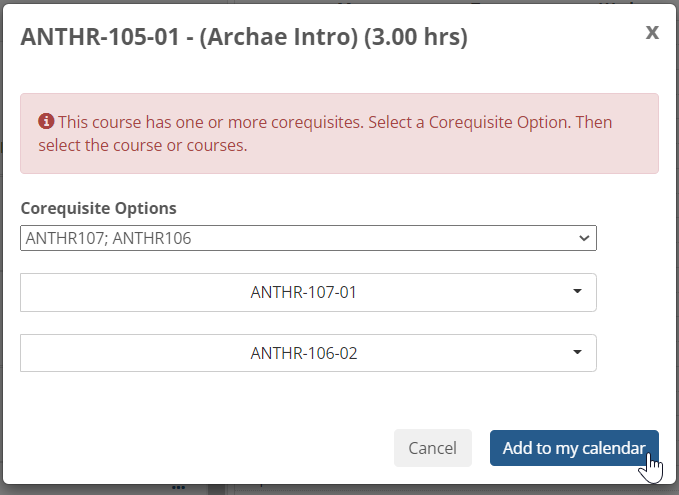 The Corequisite pop-up showing the student clicking the "Add to my calendar" button