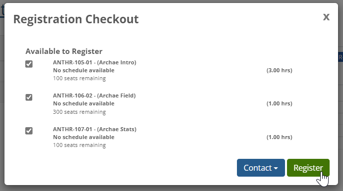 The Registration Checkout pop-up showing all three corequisites selected and the student clicking the "Register" button