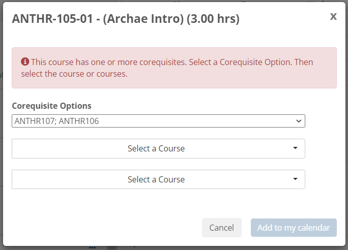 A pop-up showing that Anthropology 105 has two corequisites