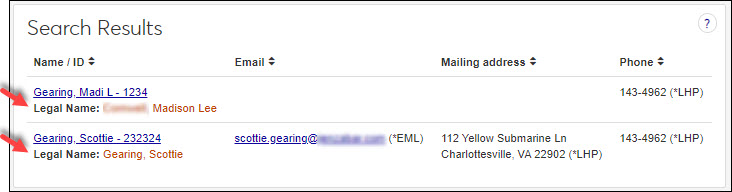 Screenshot shows search results with legal name shown.