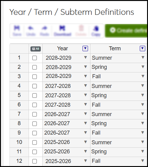 ​The Year / Term / Subterm Definitions page showing the Fall, Spring, and Summer terms needed for 4-year academic plans that start in 2025
