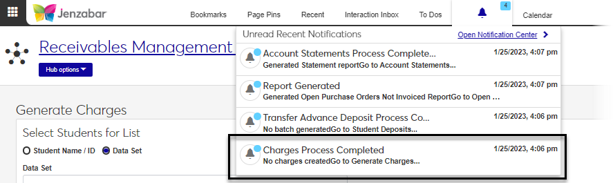 J1 Web global toolbar Notification drop-down.