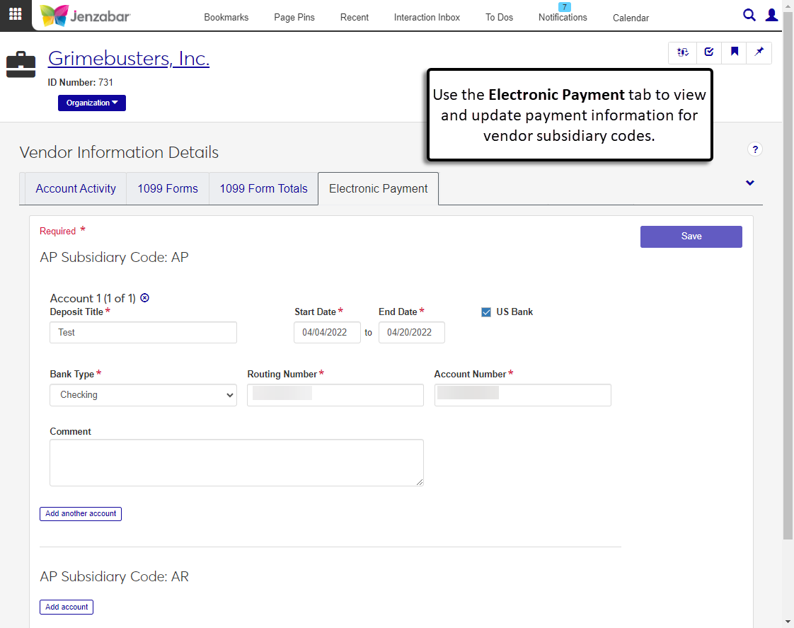 Vendor Information Details page, Electronic Payment tab with bank account information for vendor subsidiary codes.