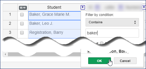 Grade Entry page showing a column filtered by condition