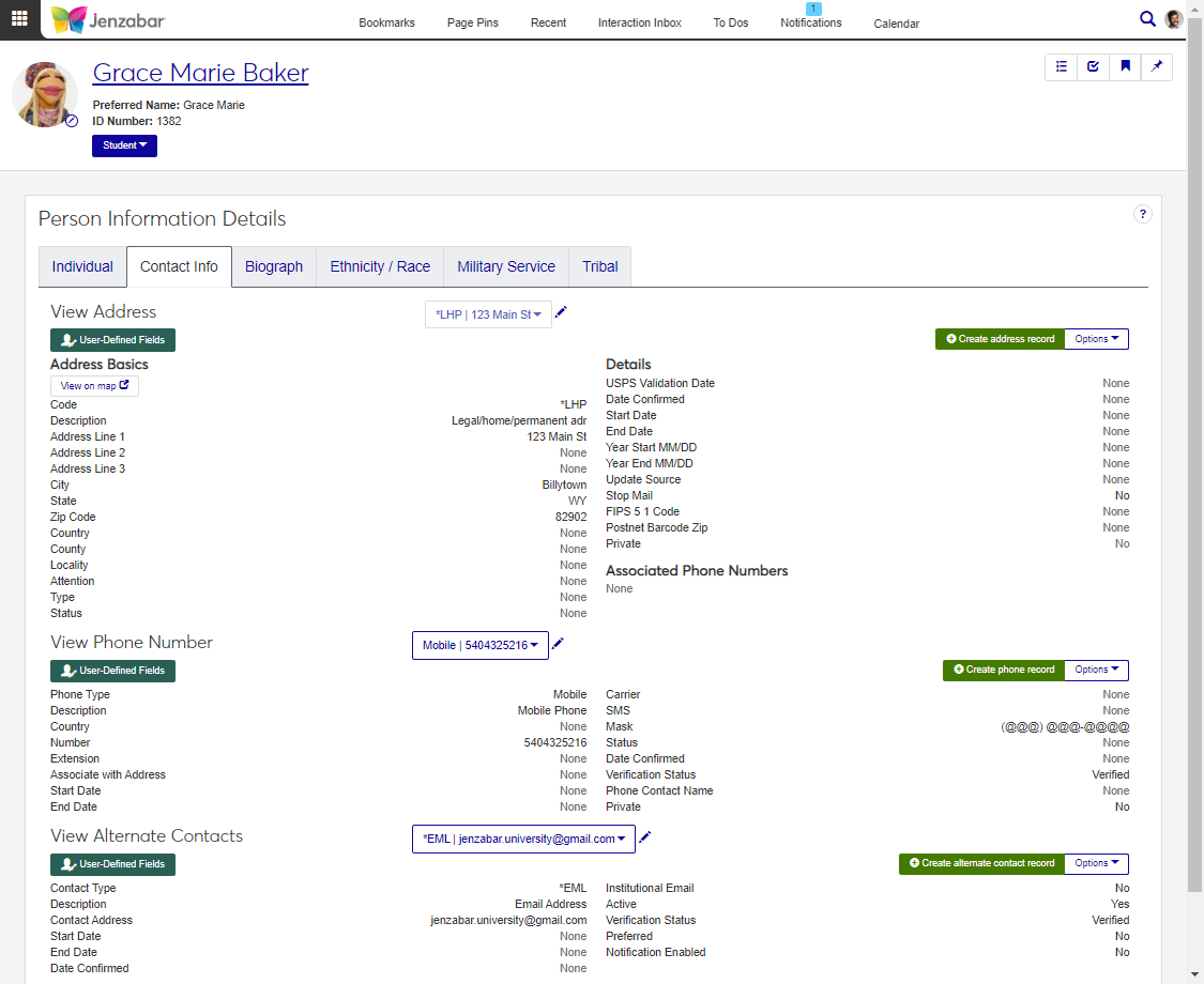 Person Information Details page, Contact Info tab.