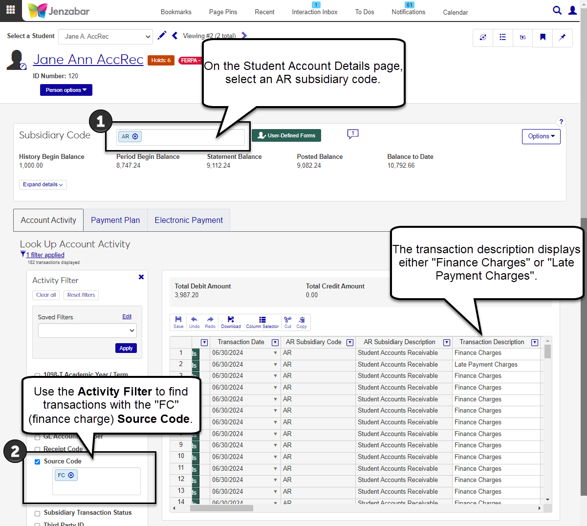 The Account Activity tab of the Student Account Details page filtered to show finance charge transactions.