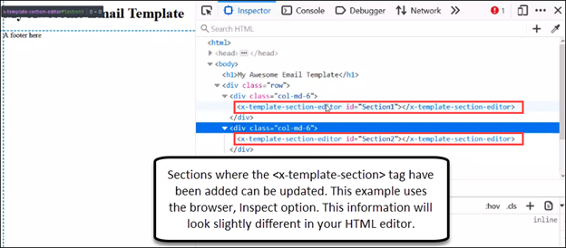 Screenshot of an HTML template editor with the <x-template-section-editor> section highlighted.