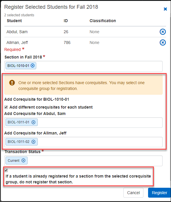Register Selected Students pop-up showing an alert that one or more selected sections have corequisites. The corequisites are listed, and you can register the students for them in the pop-up.