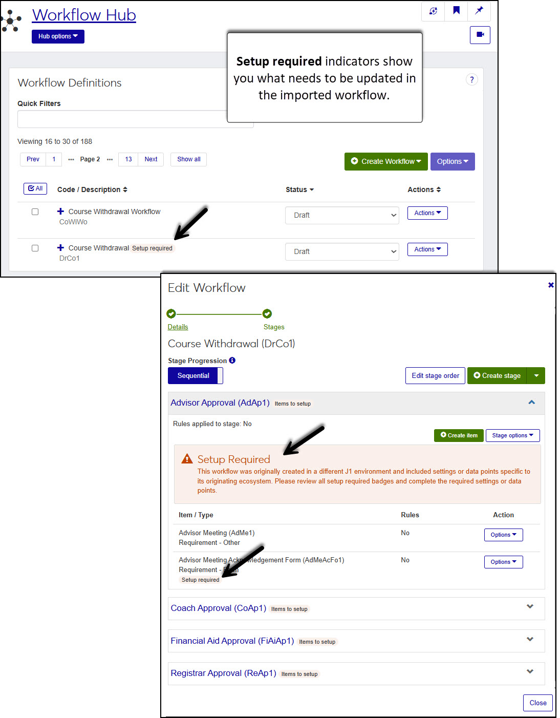 "Setup required" indicators show you what needs to be updated in the imported workflow
