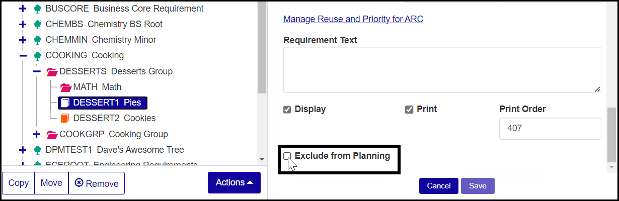 An Advising Tree with a course selected. In the Requirement Detail panel, the Exclude from Planning checkbox is selected.