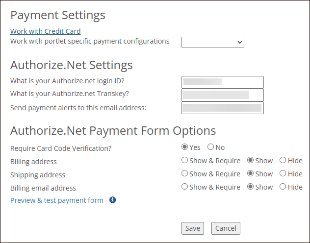 Online Payment Administration Settings