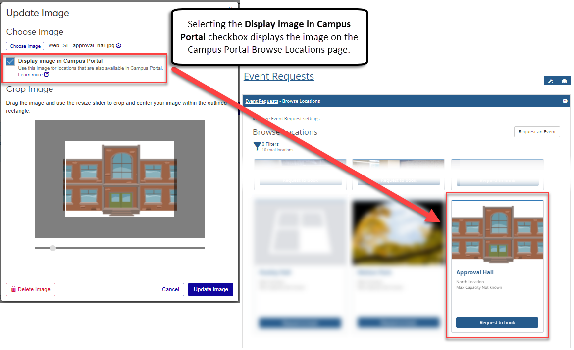 J1 Web Update Image pop-up with the Display image in Campus Portal checkbox selected and the Campus Portal Browse Locations page with the image.