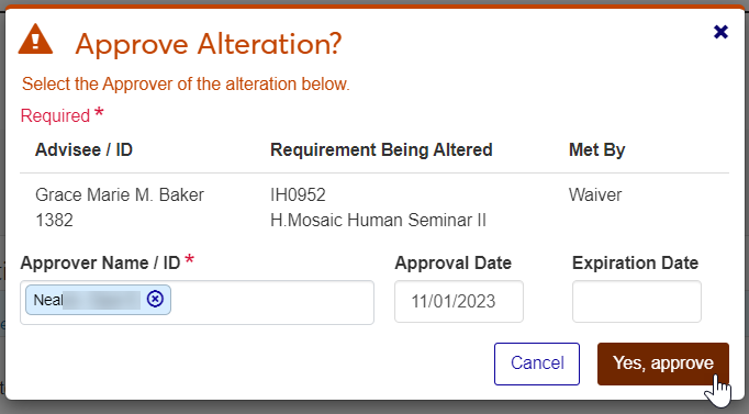 The Approve Alteration pop-up with the Approver Name and Approval Date filled in