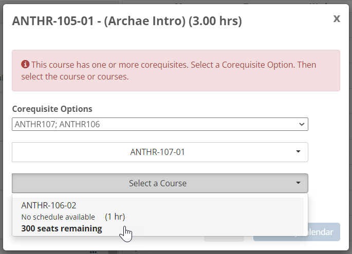 The Corequisite pop-up showing a student selecting both the required courses