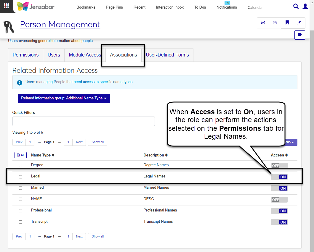 The Associations tab of the Edit Person Management role page.