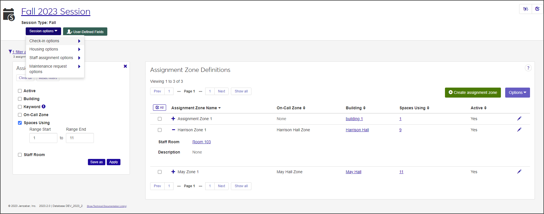 Assignment Zone Definitions page