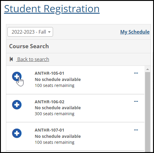 Student Registration Course search showing a student clicking Anthropology 105 to put it on their calendar