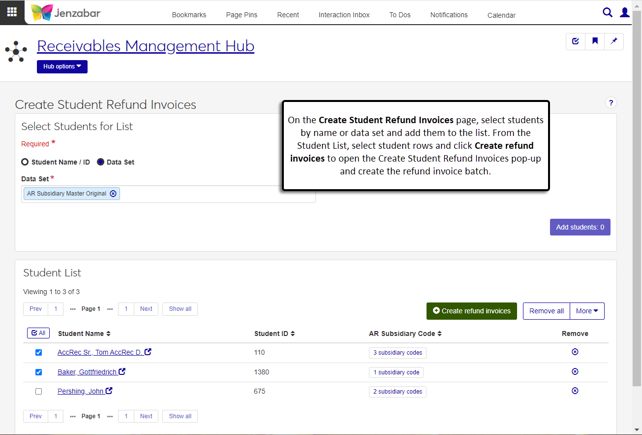Create Student Refund Invoices page.