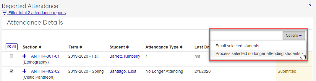 Reported Attendance page showing the "Process selected no longer attending students" option