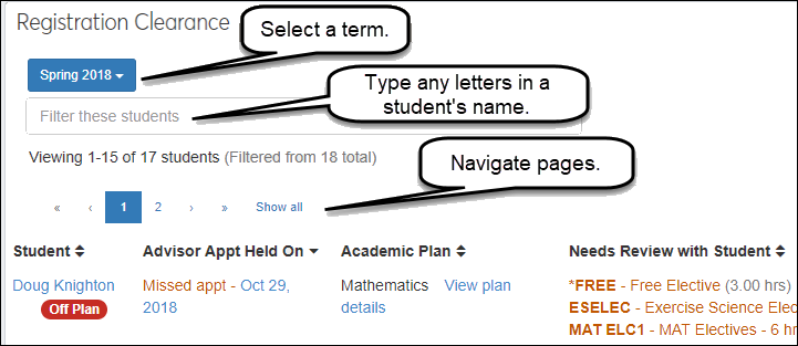Registration Clearance page showing the "Term" drop-down, the field for searching student names, and the page navigation links