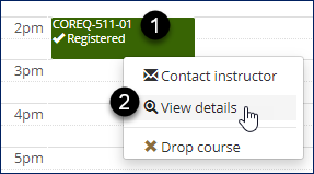 A course section tile on a student's planning calendar showing the drop-down options including "View details"