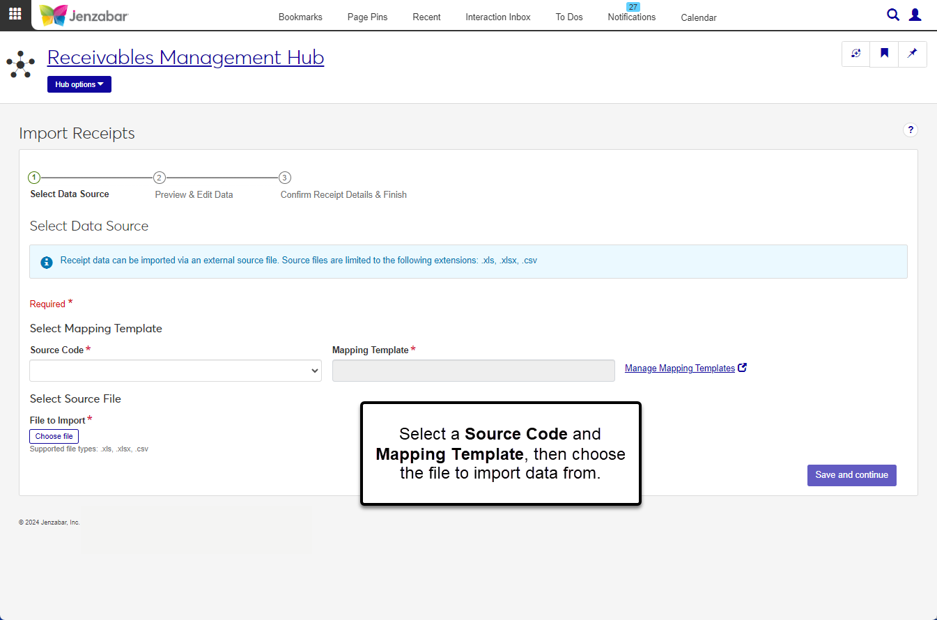 The Select Data Source step of the Import Receipts wizard.