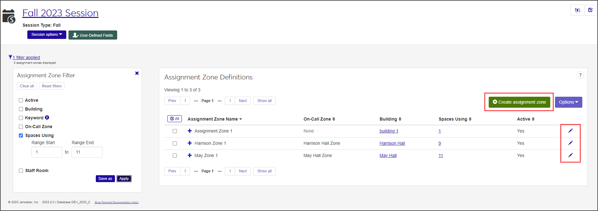 Assignment Zone Definitions page