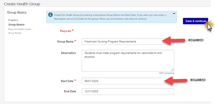 Create Health Group window