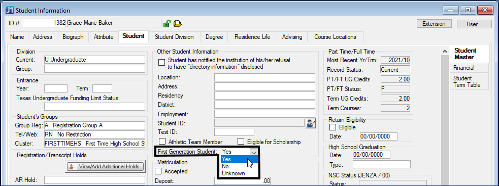 Student Information window, Student tab, Student Master subtab showing the First Generation Student drop-down
