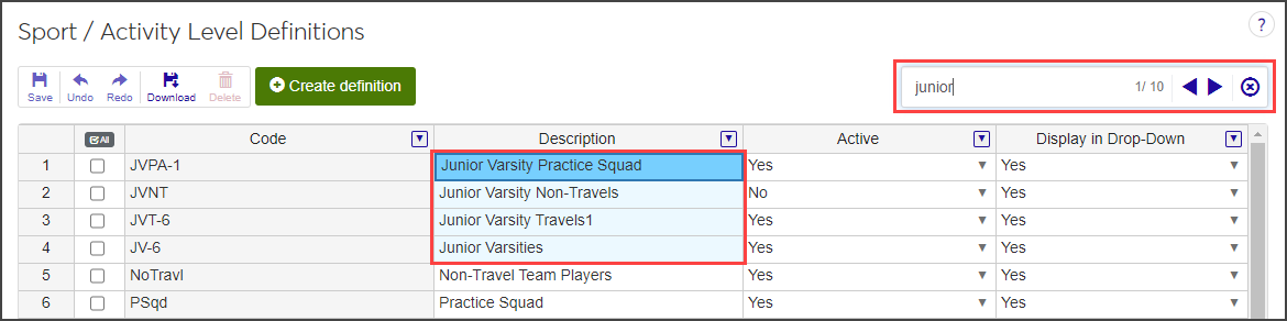 Sport / Activity Level Definitions page - search field highlighted
