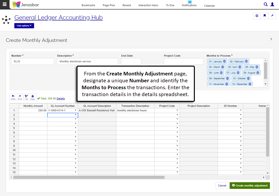 Create Monthly Adjustment page.