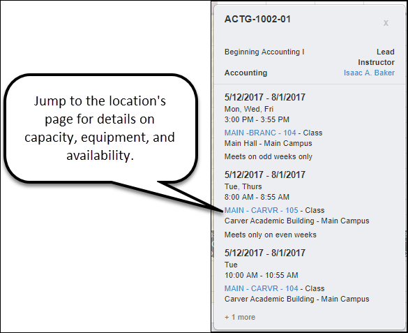 Details of a course section on a calendar. You can click a location to see details on its capacity, equipment, and availability.