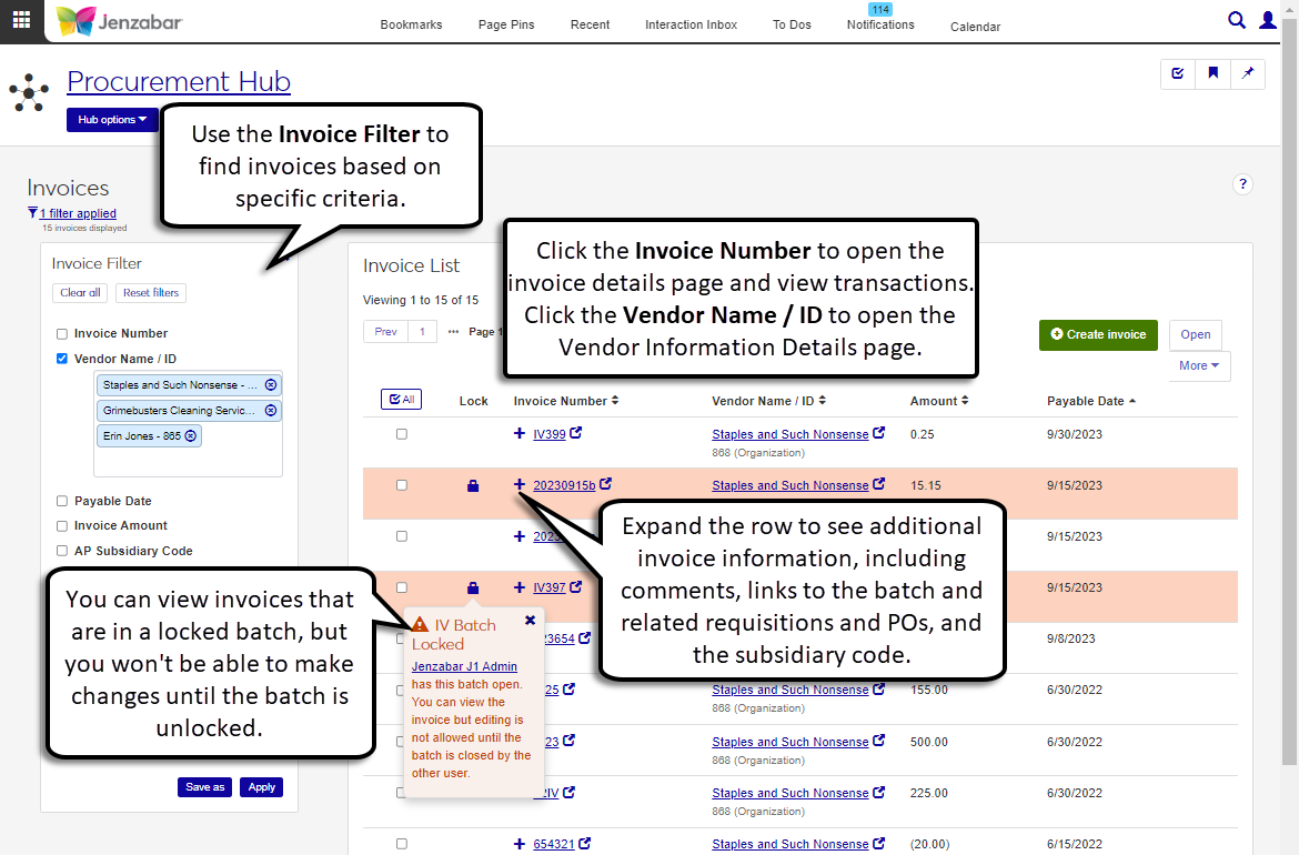 J1 Web Invoices list page.
