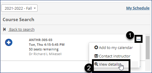 Course Search showing the drop-down menu on a course section with the "View details" option