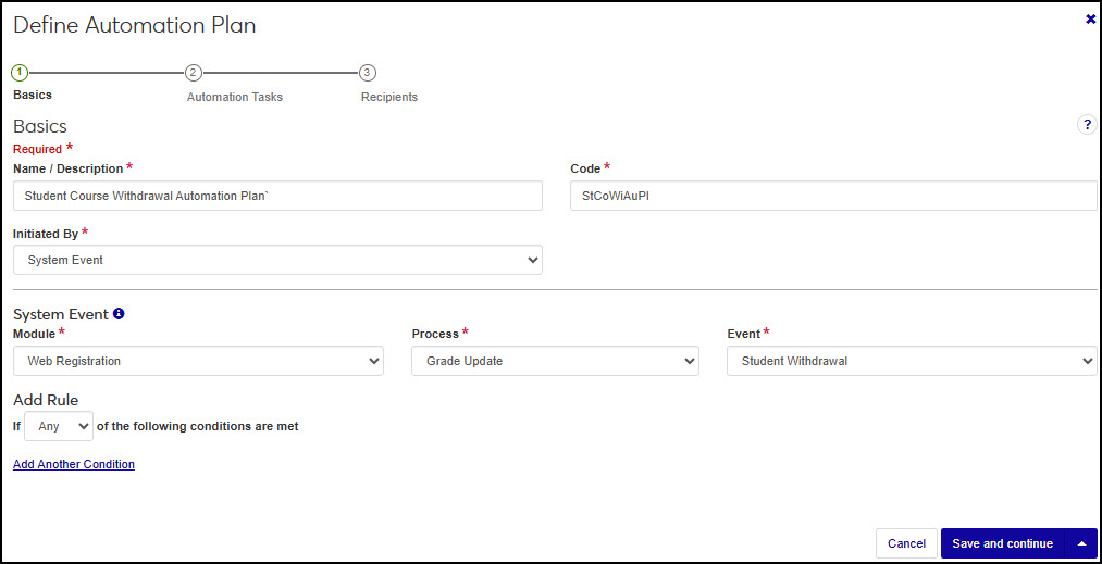 Define Set wizard, Basics page for sets initiated by a system event.
